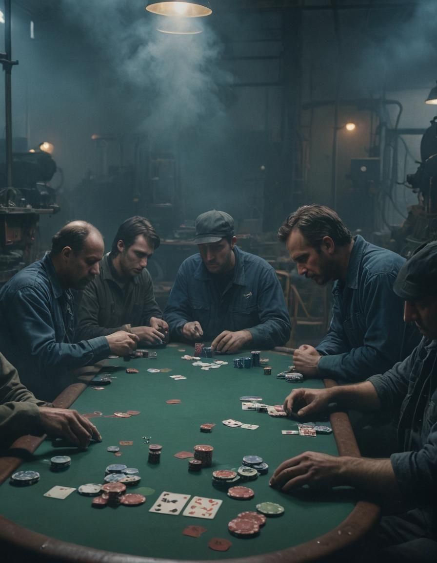 Blue Collar Workers Play Poker: Photorealistic Film Still