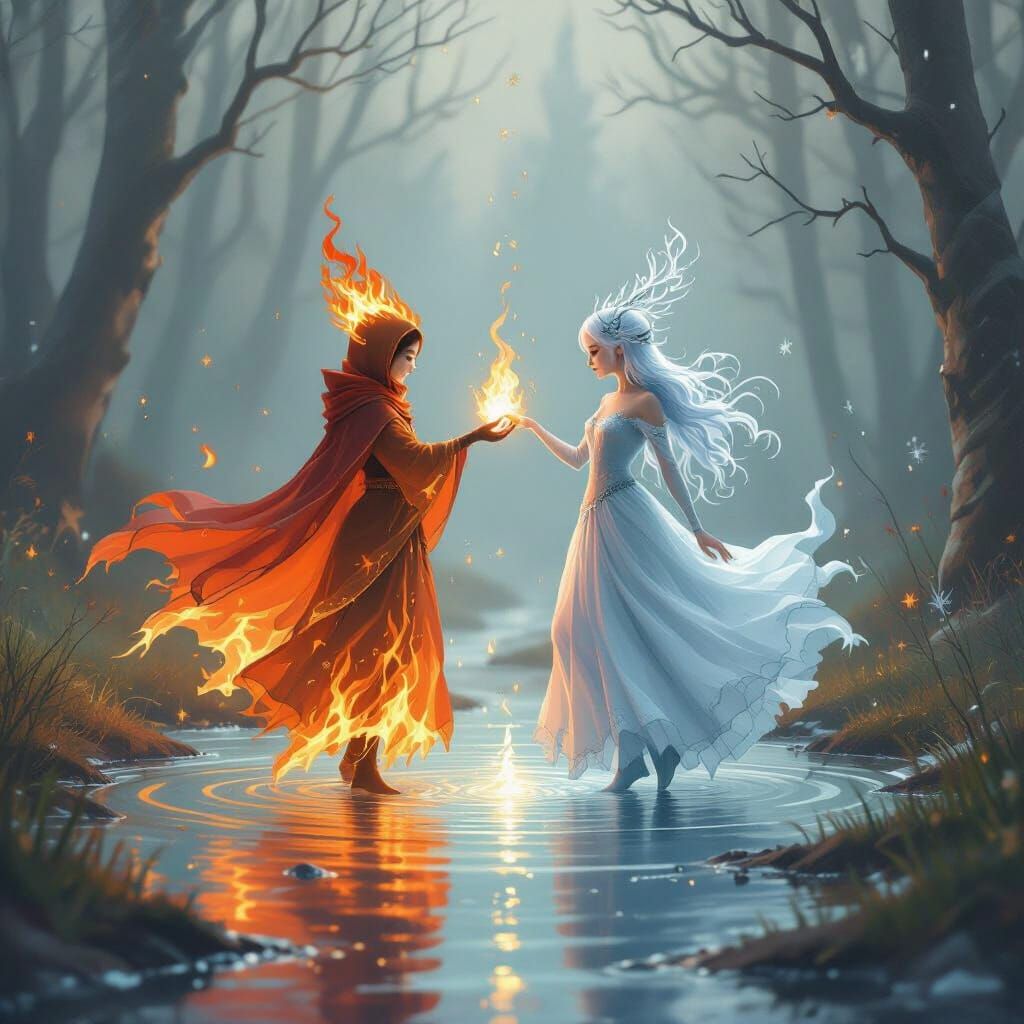 Fire and Ice Sprites Dancing Around Water