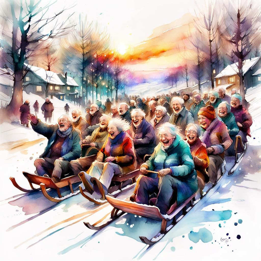 Colorful Old People Sledding at Sunset in Watercolor