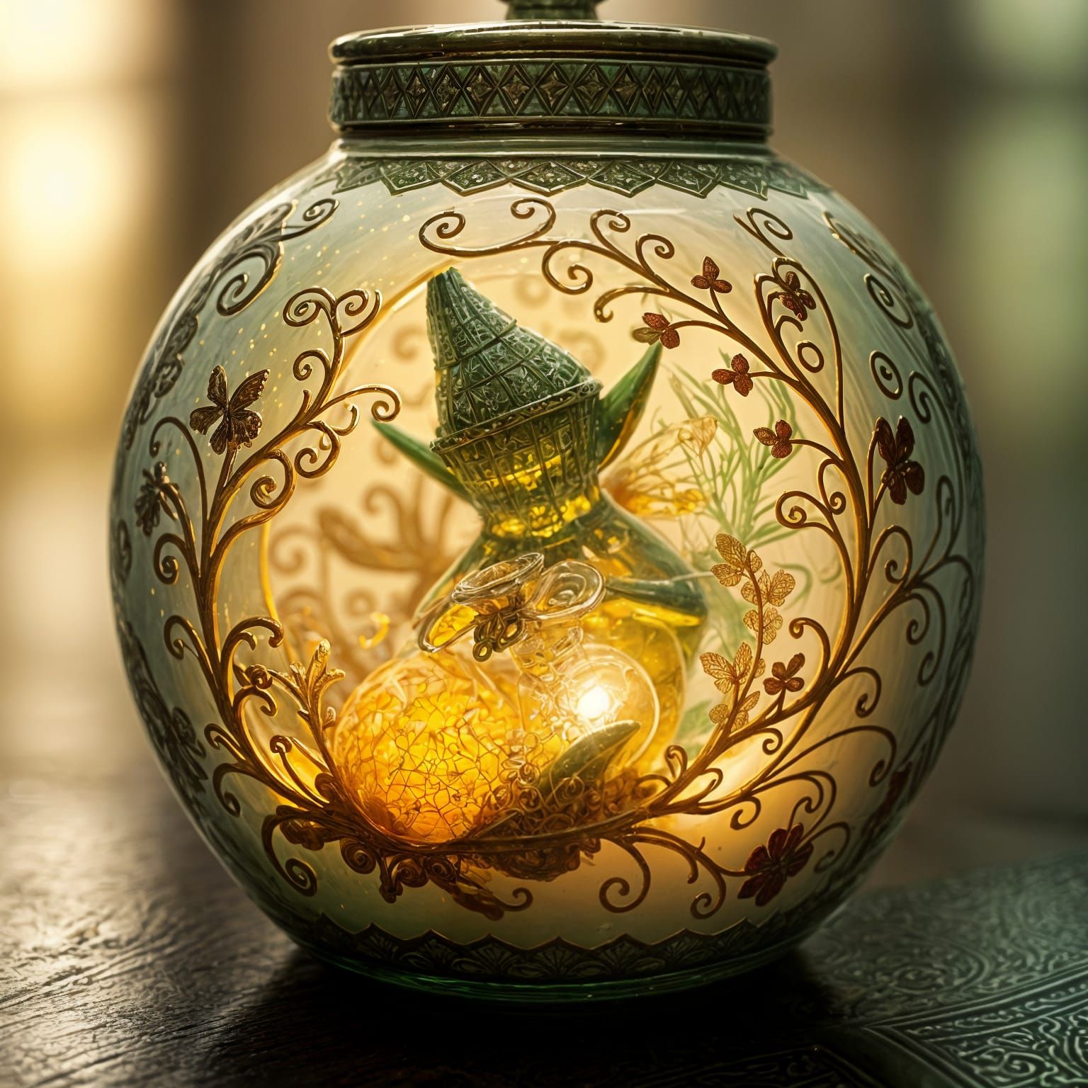 Whimsical Green Elf in Glittering Porcelain Jar, a Masterpie...