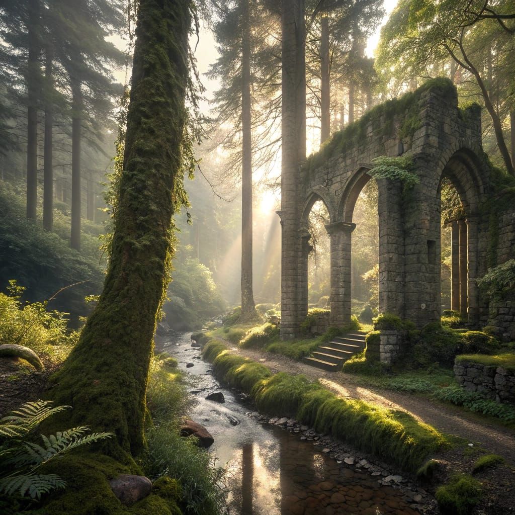 Ancient Forest Ruins Bathed in Cinematic Sunlight