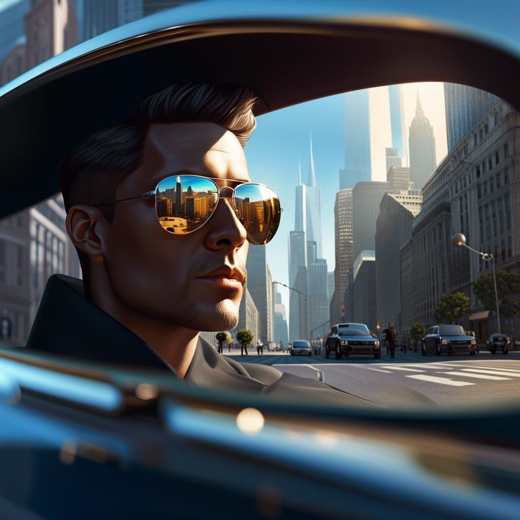 Sunglasses Reflecting Cityscape in Hyperrealistic Style