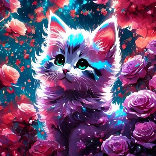 Orange Kitten in Purple Roses