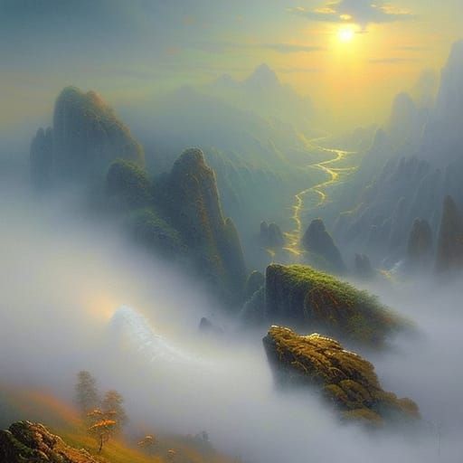 Dragon in Ethereal Fog, Kinkade Style