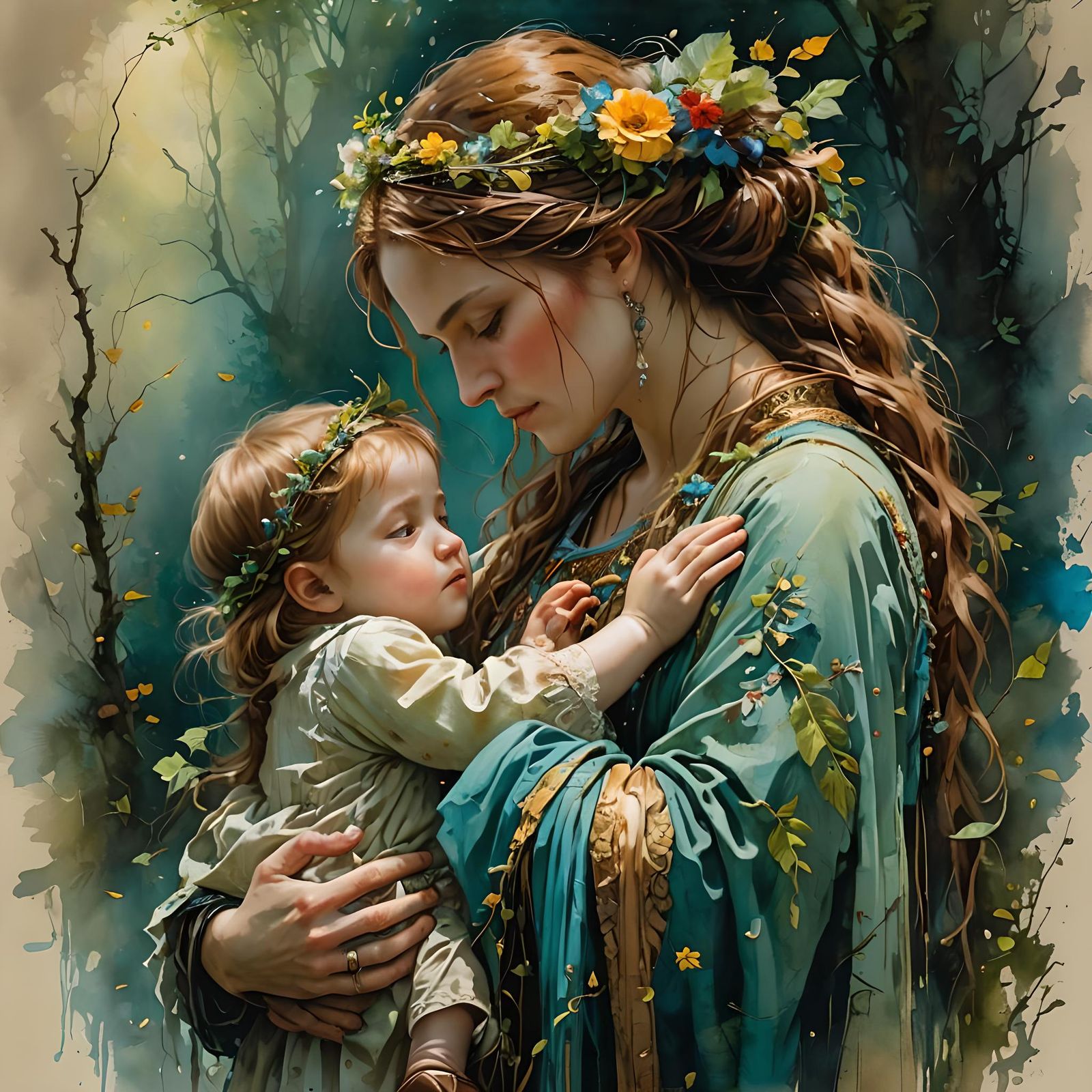 Renaissance Mother and Child Reunion in Watercolor