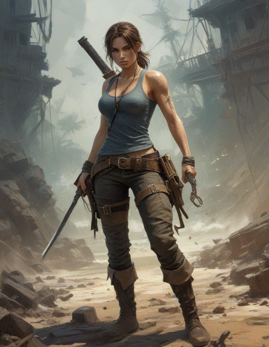 Grunge Pirate Lara Croft in Impasto Acrylic Action Scene