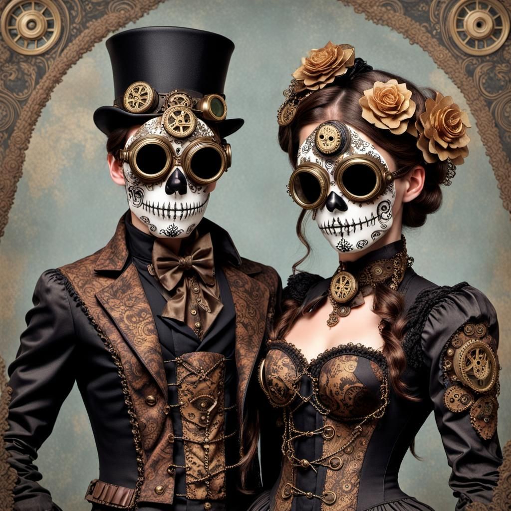 Steampunk Sugar Skull Couple Ice Skating: 3D Digital Art