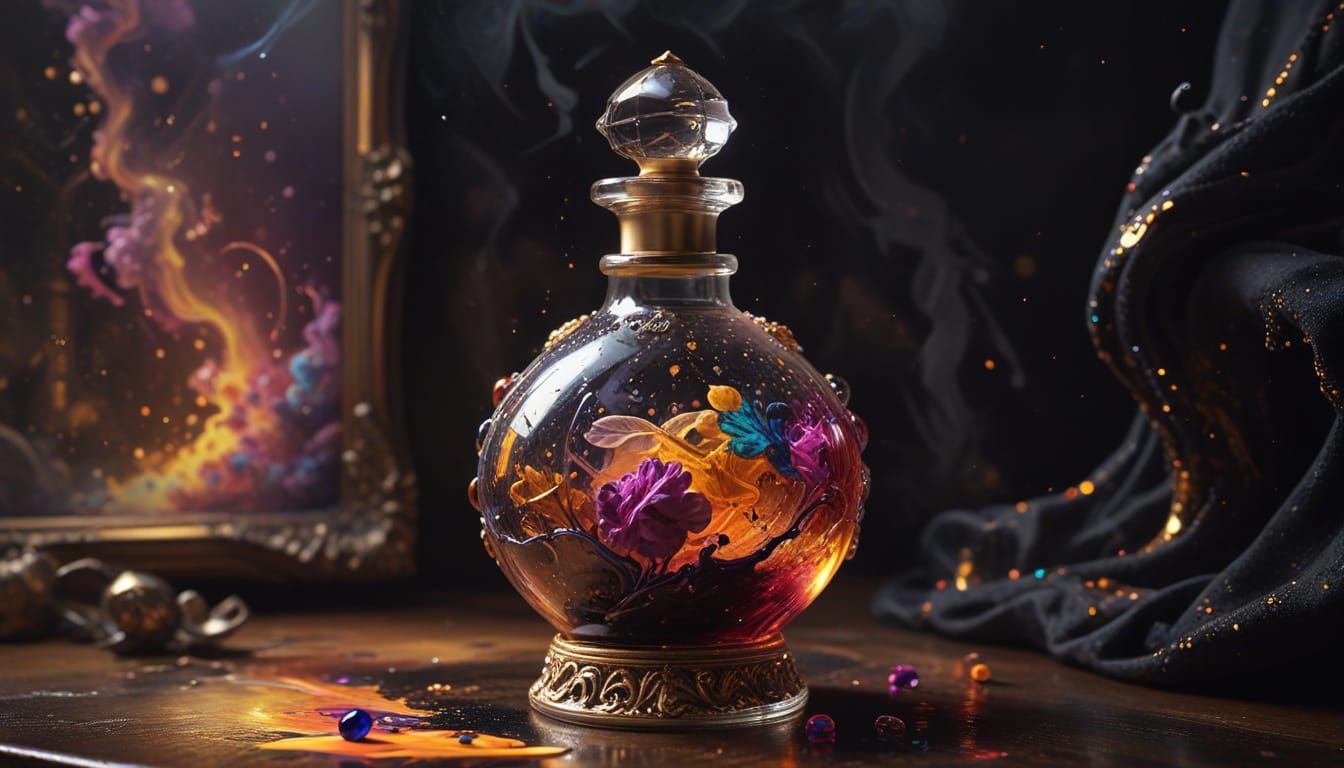 Vibrant Baroque Perfume Bottle in Ethereal Lighting