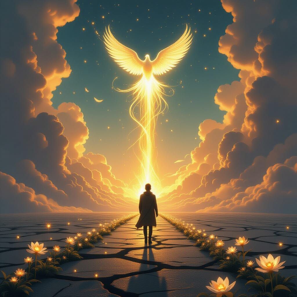 Human Ascends into Ethereal Bird Under Radiant Skies