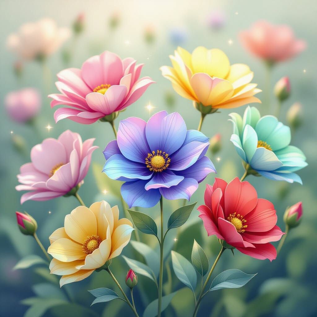 Sparkling Rainbow Flowers in Whimsical Botanical Style