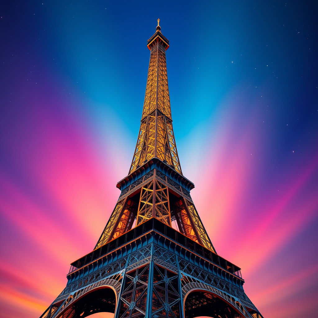 Eiffel Tower at Dusk with Rainbow Sky