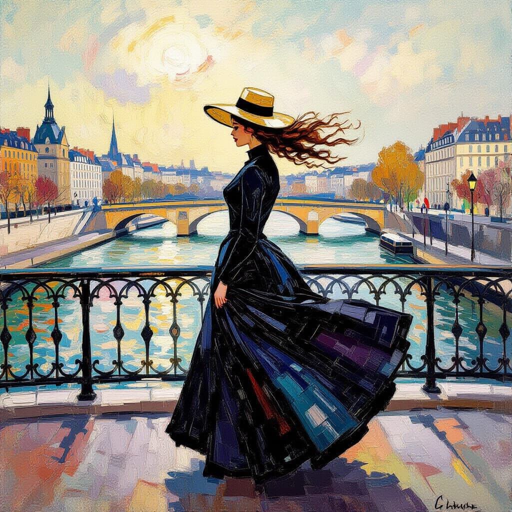 Woman on Seine Bridge in Expressionist Style