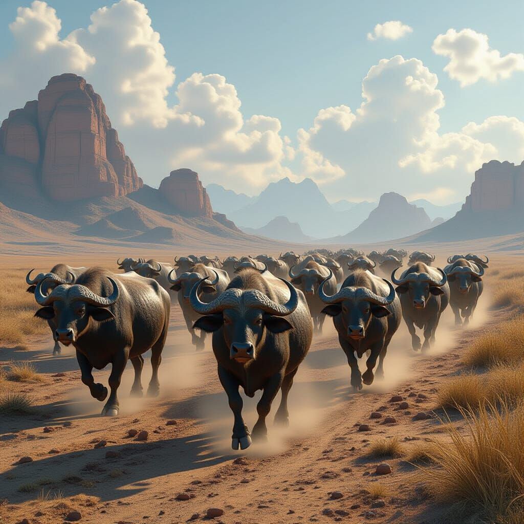Water Buffalo Herd in Fantasy Landscape