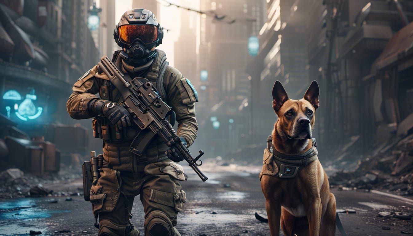 Futuristic Soldier with Dog Companion, Detailed Matte Painti...