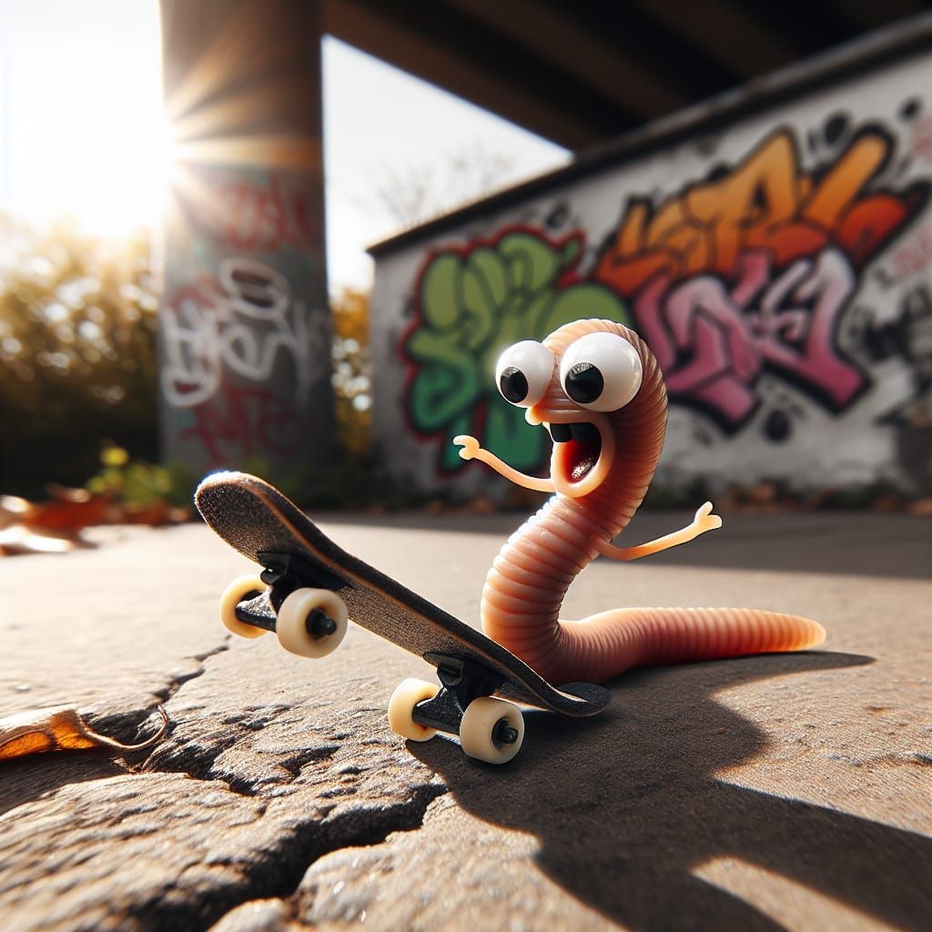 Worm Rides Miniature Skateboard with Determination