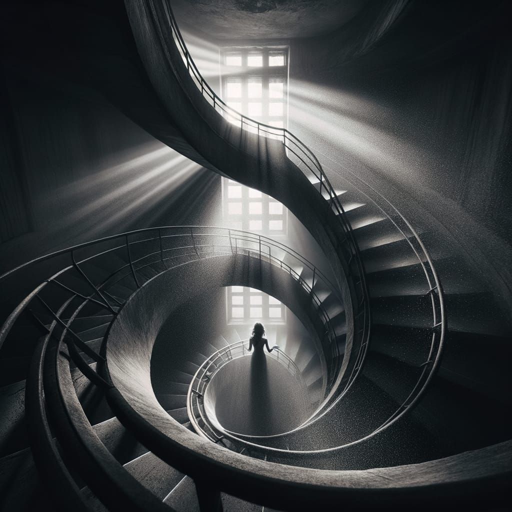 Shadowy Infinite Spiral Staircase with Woman