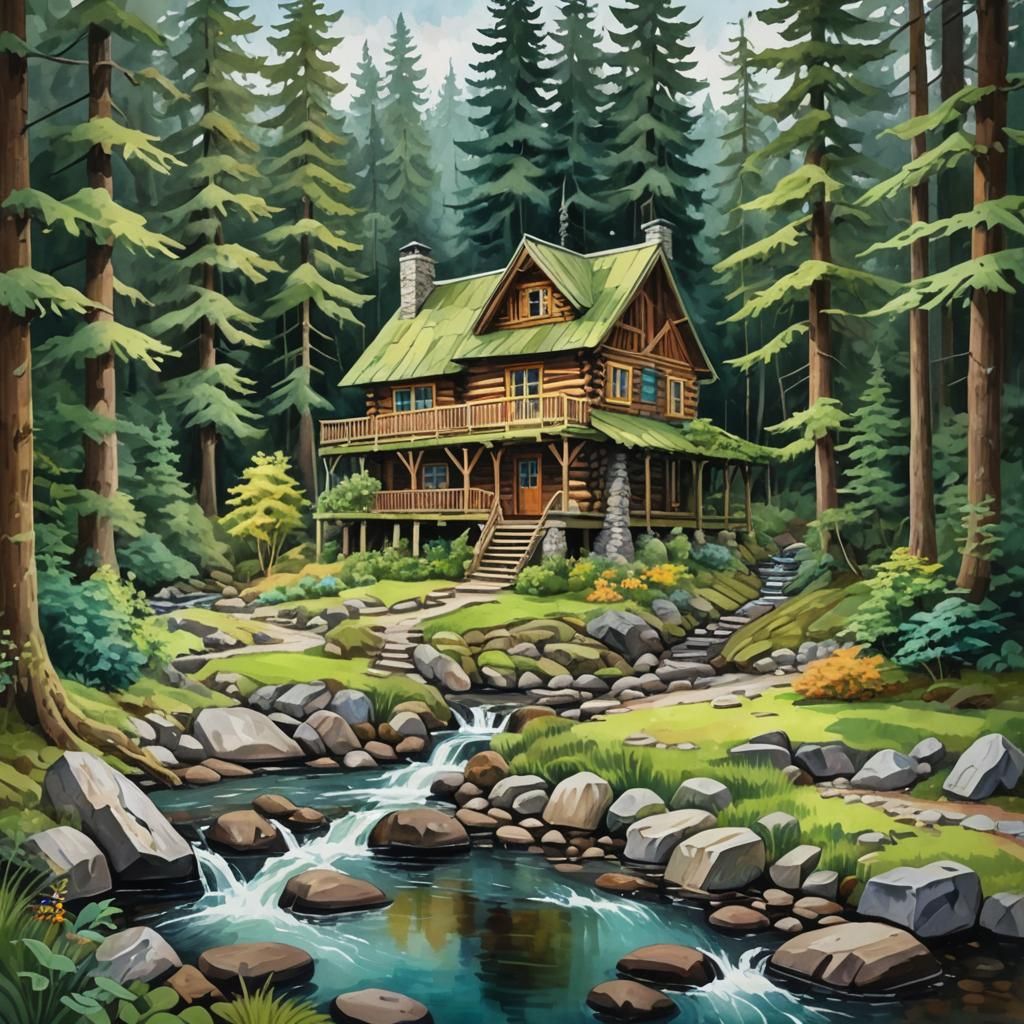 Log Cabin in Woods, Impressionist Gouache Painting