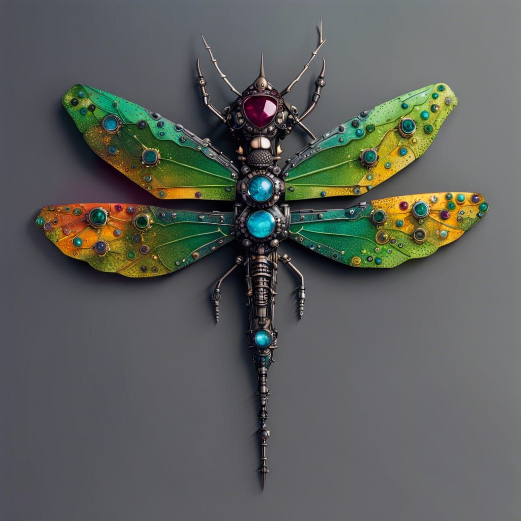 Jeweled Cyberpunk Dragonfly in Synthwave Cityscape