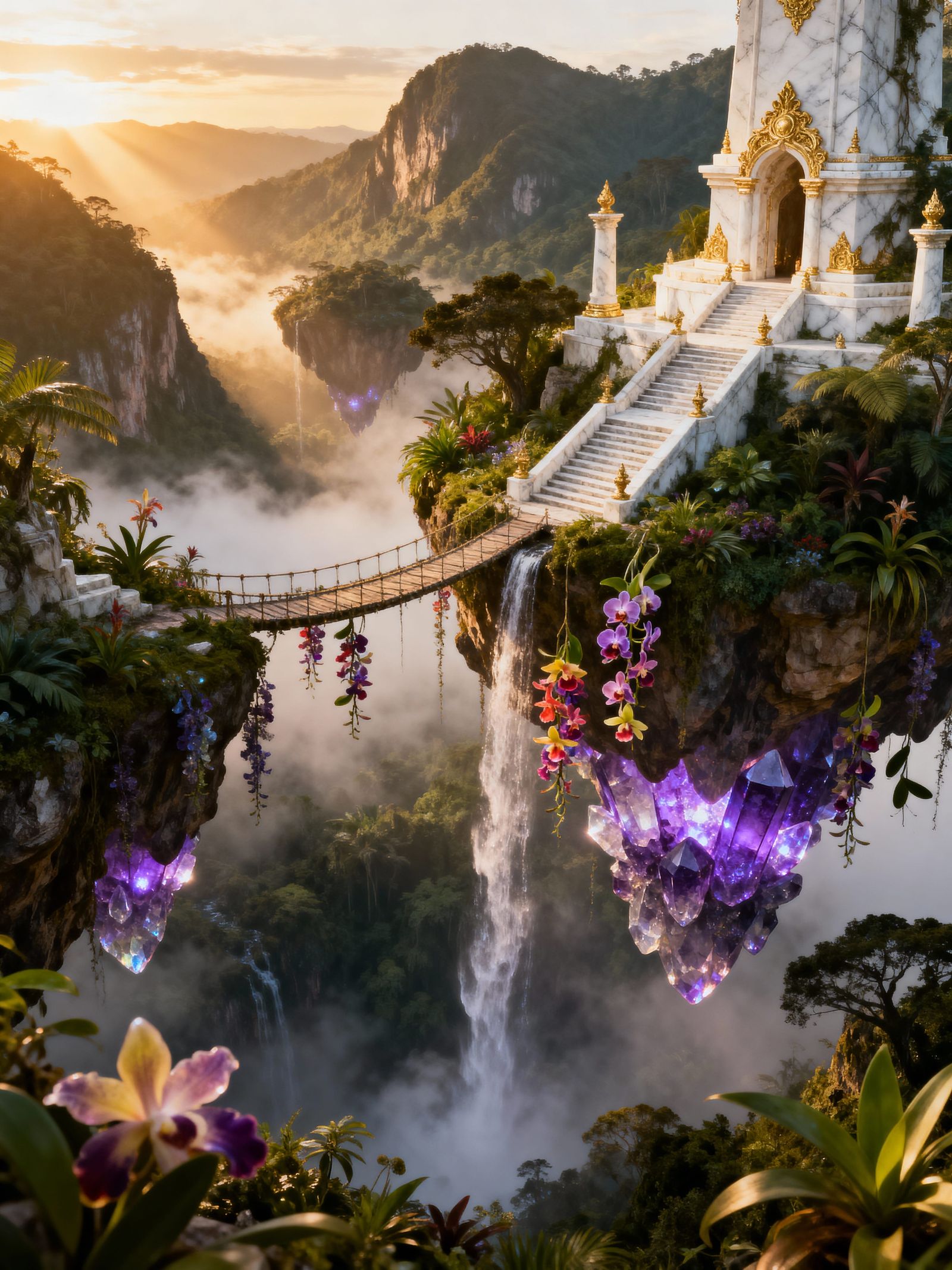 Whimsical Dark Fantasy Floating Islands with Amethyst Crysta...