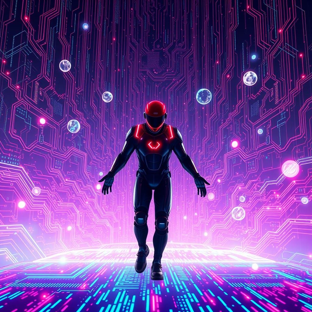 Ethereal Cyberspace Avenger Hunts NFTs in Neon-Lit Expanse