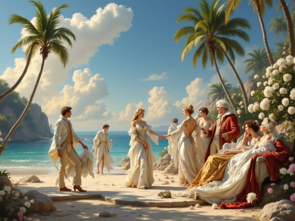 French Royalty Basks in Rococo Splendor on Sun-Kissed Beach