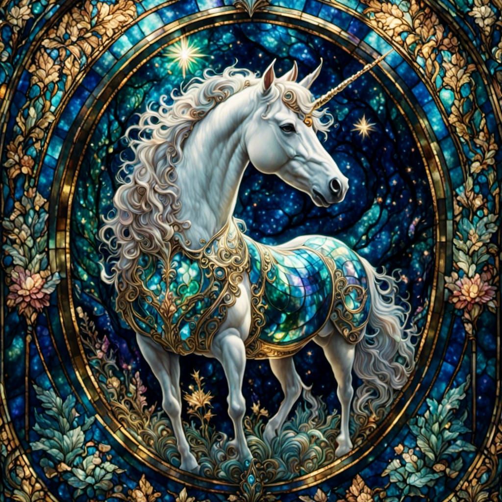 Iridescent Stained Glass Unicorn in Fantasy Style