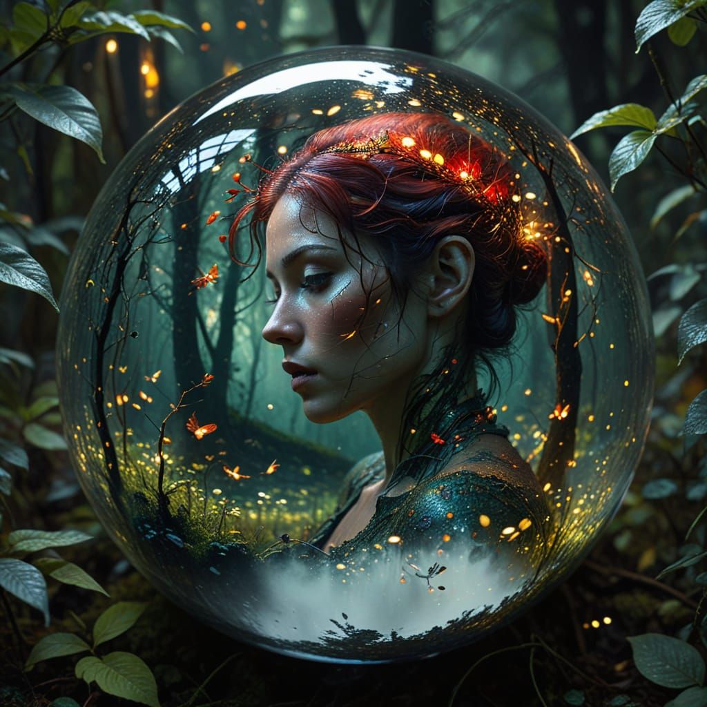 Ethereal Red Figure Walks in a Twisted Forest of Dappled Sha...