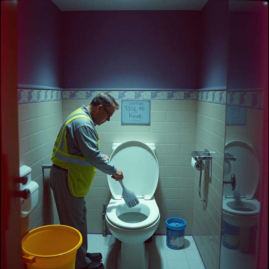 Filmmaker's Cinematic Still of Janitor Cleaning Bathroom Toi...