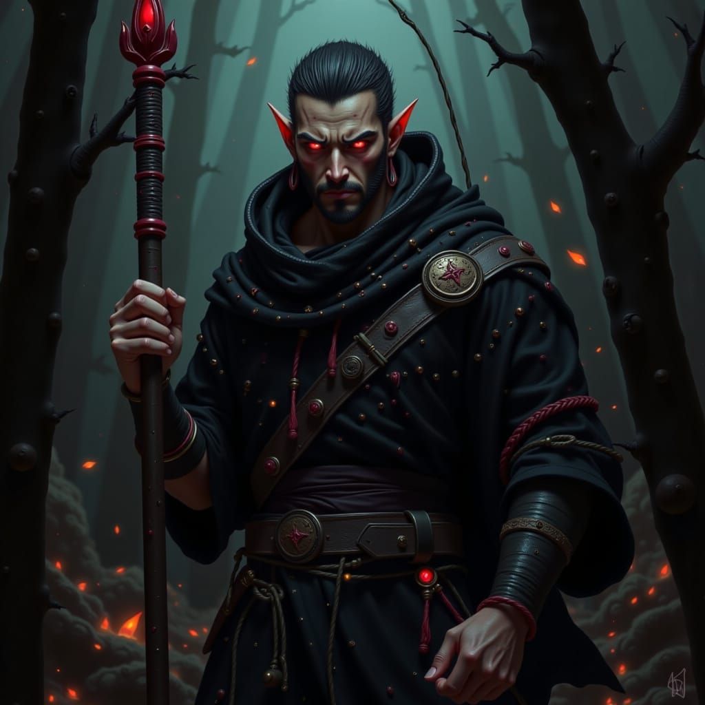 Dark Fantasy Cultivator with Crimson Staff