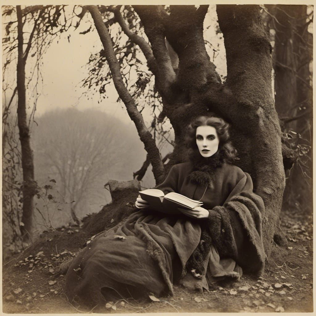 Man Writing Passionately in Dark Forest, Photographic Portra...