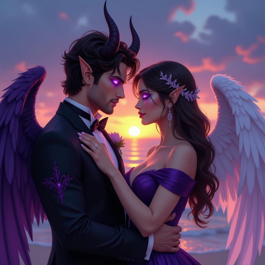 Surreal Beach Romance: Angel and Demon Embrace in Triadic Co...