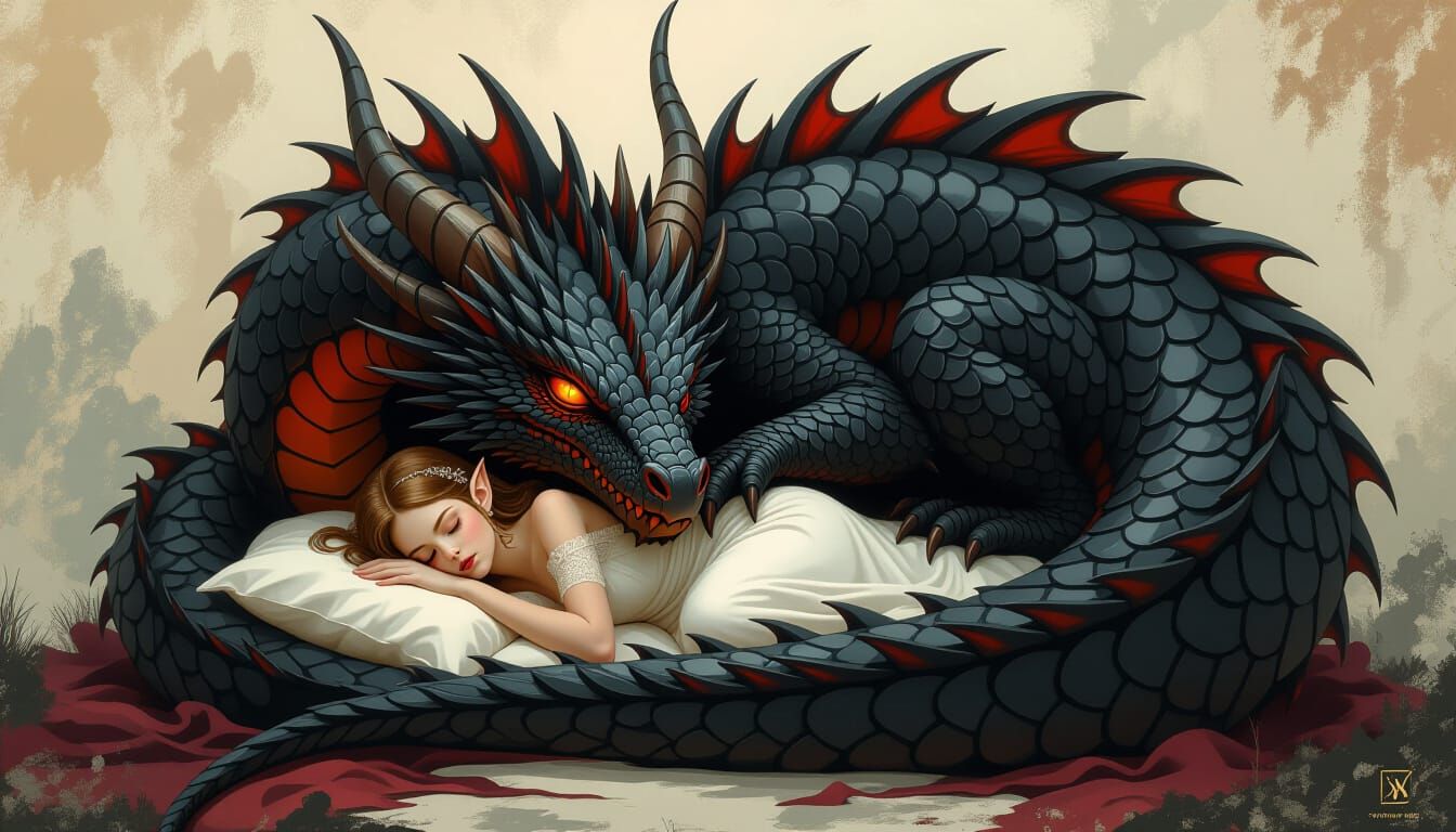 Protective Obsidian Dragon and Sleeping Elf in Dark Fantasy ...