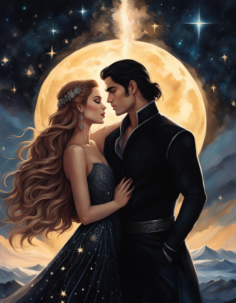Lovers Embrace Under Starlight in Hyperrealistic Style