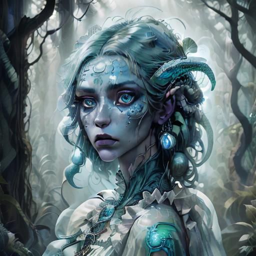 Monster Woman with Blue Hair in Forest