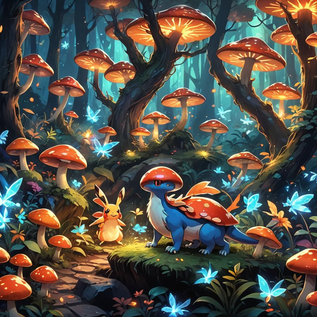 Pokemon Battles in Mystical Forest Concept Art