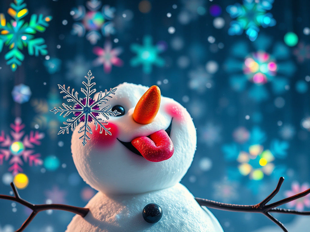 Happy Snowman Catches Sparkling Snowflake: Digital Art