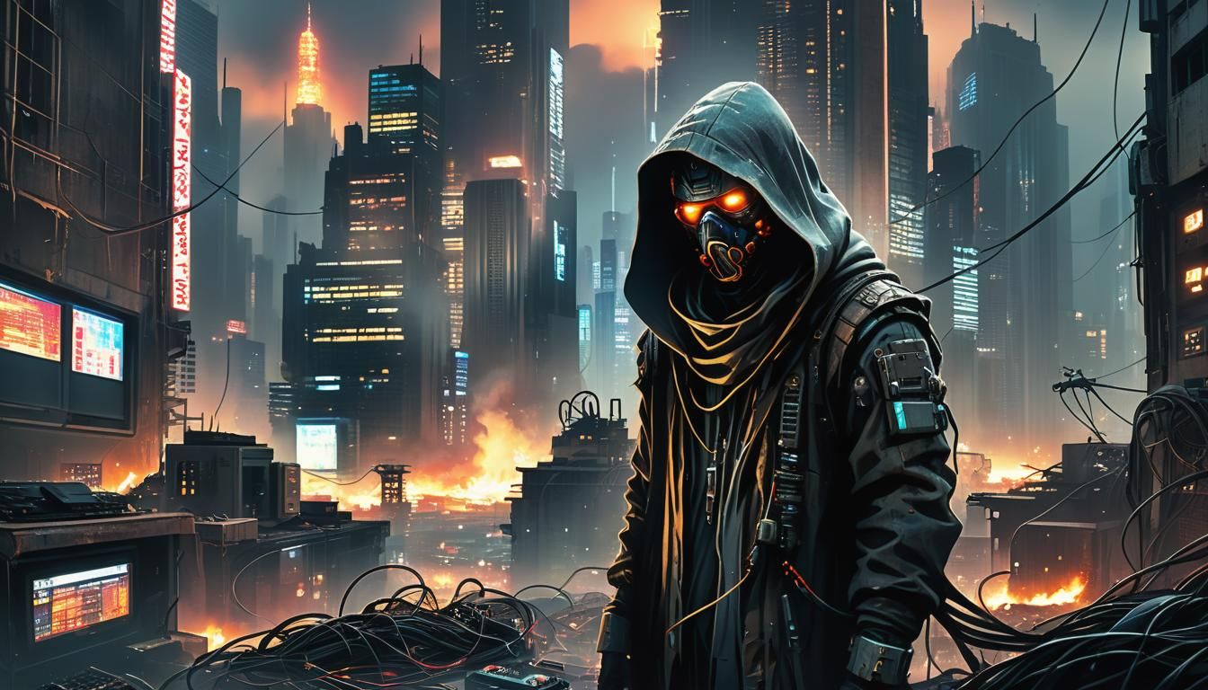 Defiant Figure in Gritty Cyberpunk Cityscape