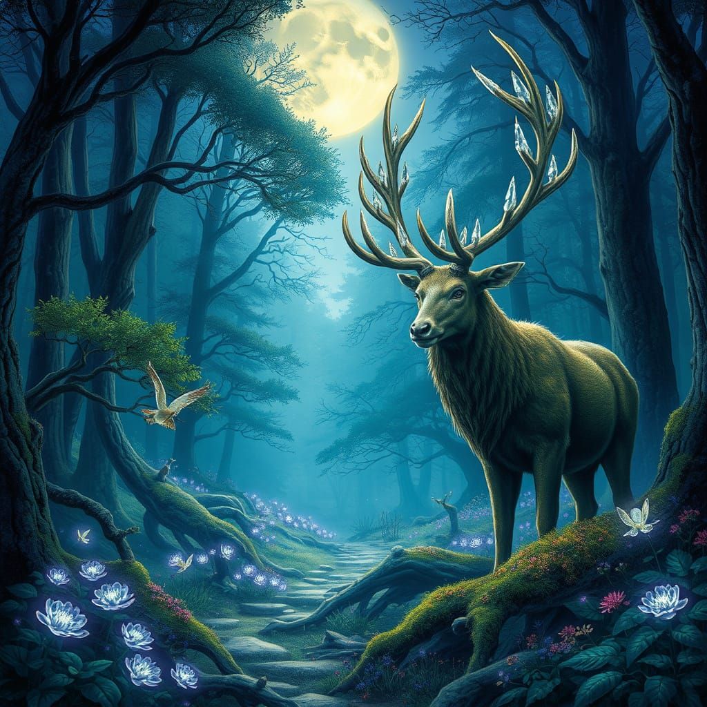 Enchanted Forest Clearing with Mystical Creatures and Moonli...