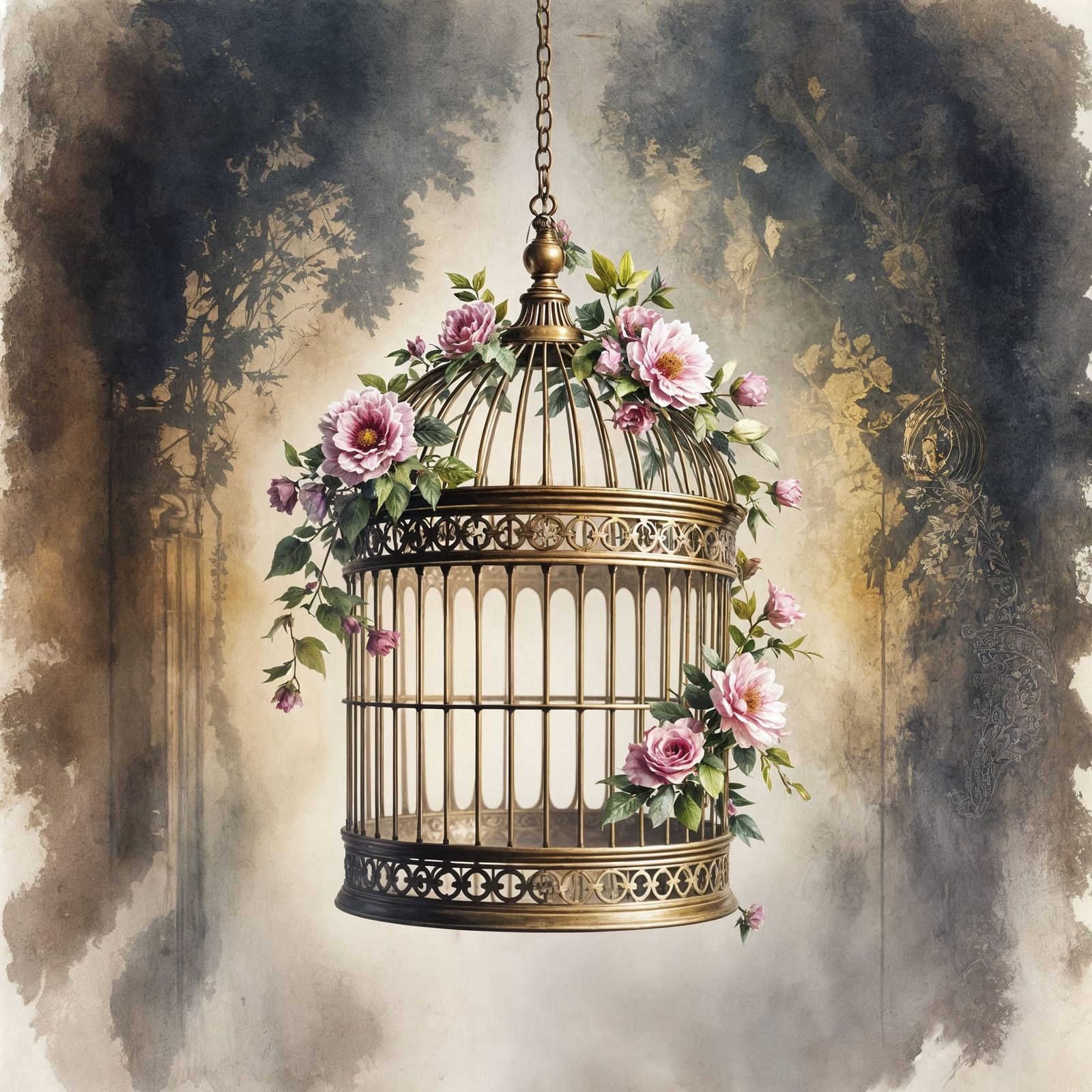 Gilded Birdcage in Dimly Lit Ballroom