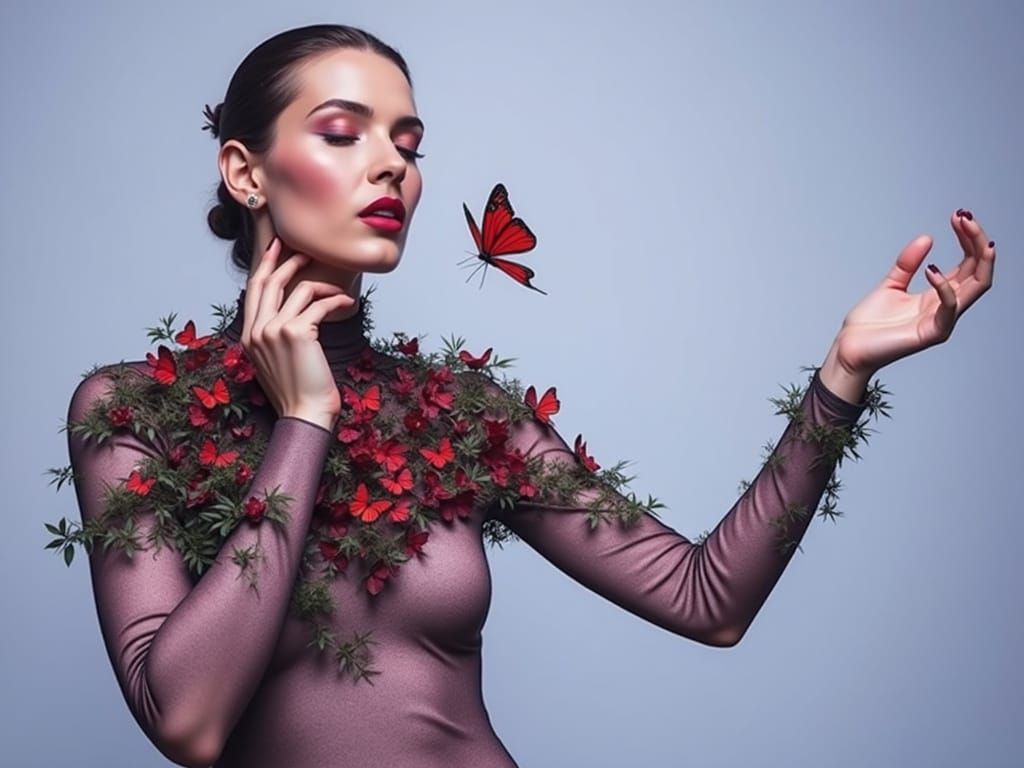A Woman Surrounded by Vibrant Red Butterflies in a Lush Natu...