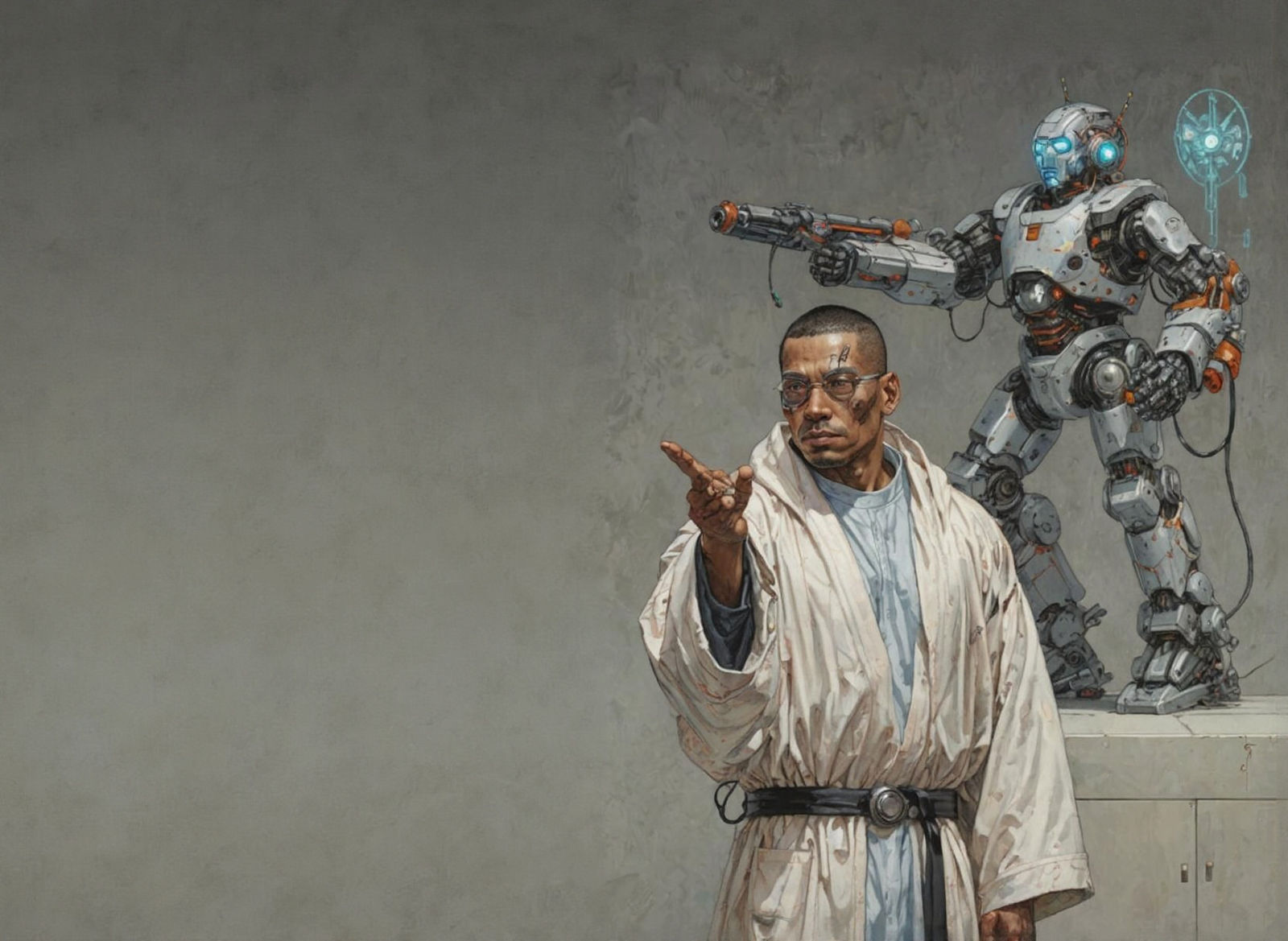 Cyborg in Robe with Robot Guardian
