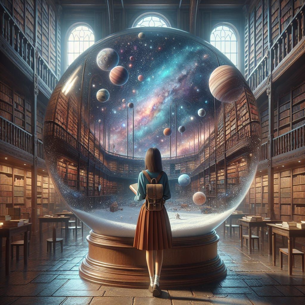Woman in Library Snow Globe Gazing at Cosmos