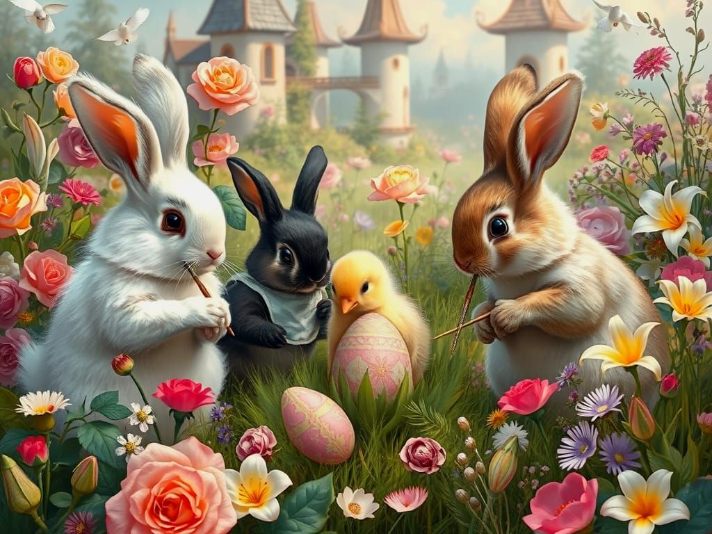Bunnies Painting Easter Eggs in Vintage Style