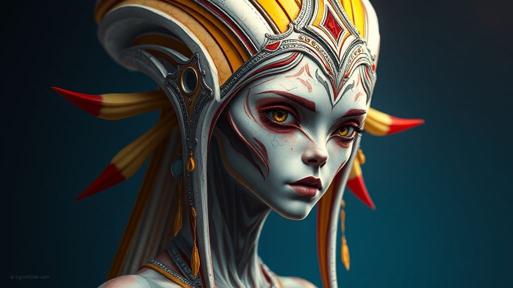 Distressed Alien Woman in Ornate Headdress: Digital Art