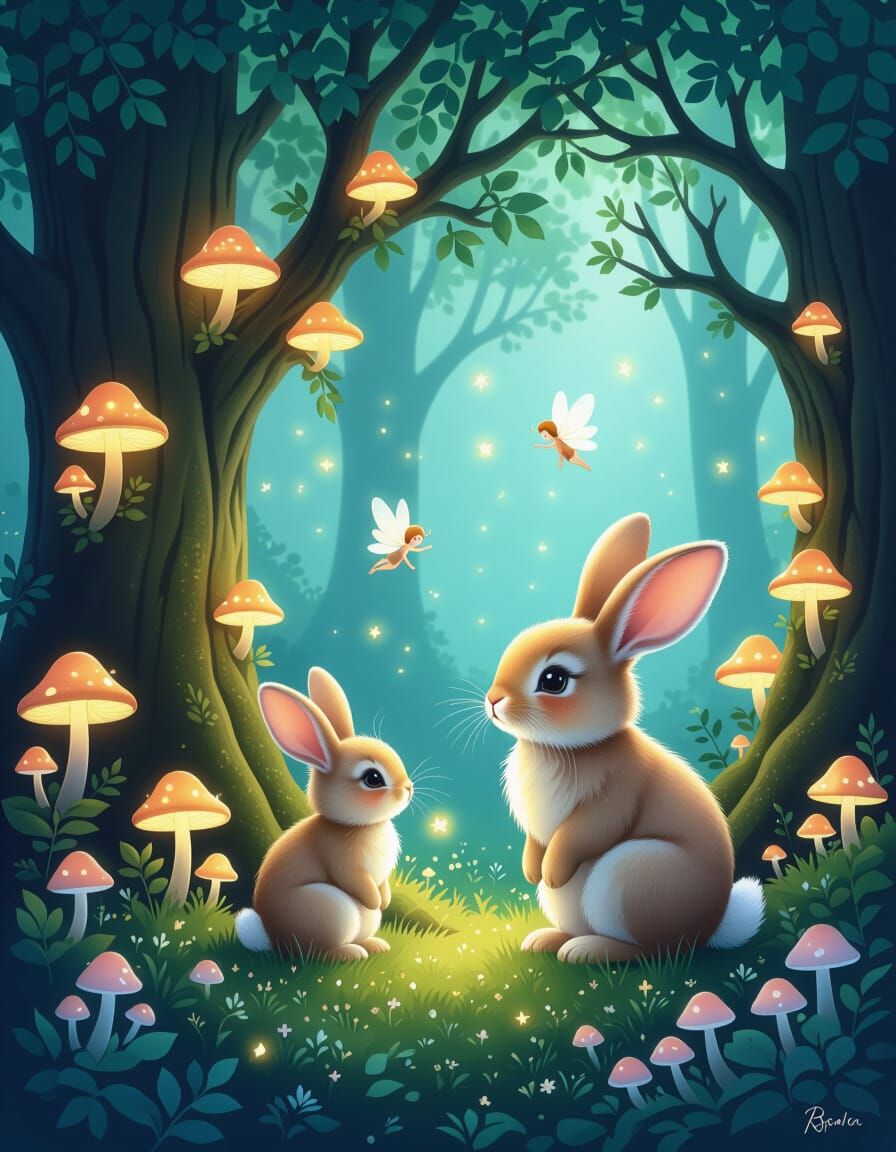 Enchanted Forest with Fairies and Glowing Mushrooms