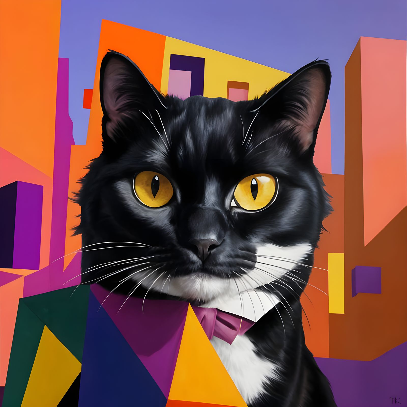 Cubist Tuxedo Cat in Courtyard at Sunset