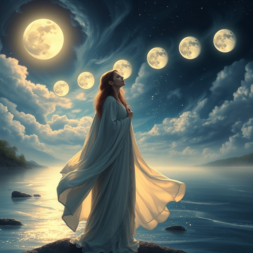 Serenely Lit Priestess Amidst Ethereal River and Celestial T...