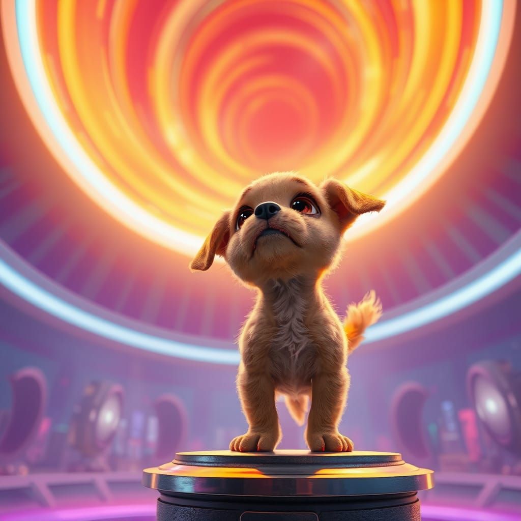 Puppy Gazes into Neon Portal: Pixar-Inspired 3D Art
