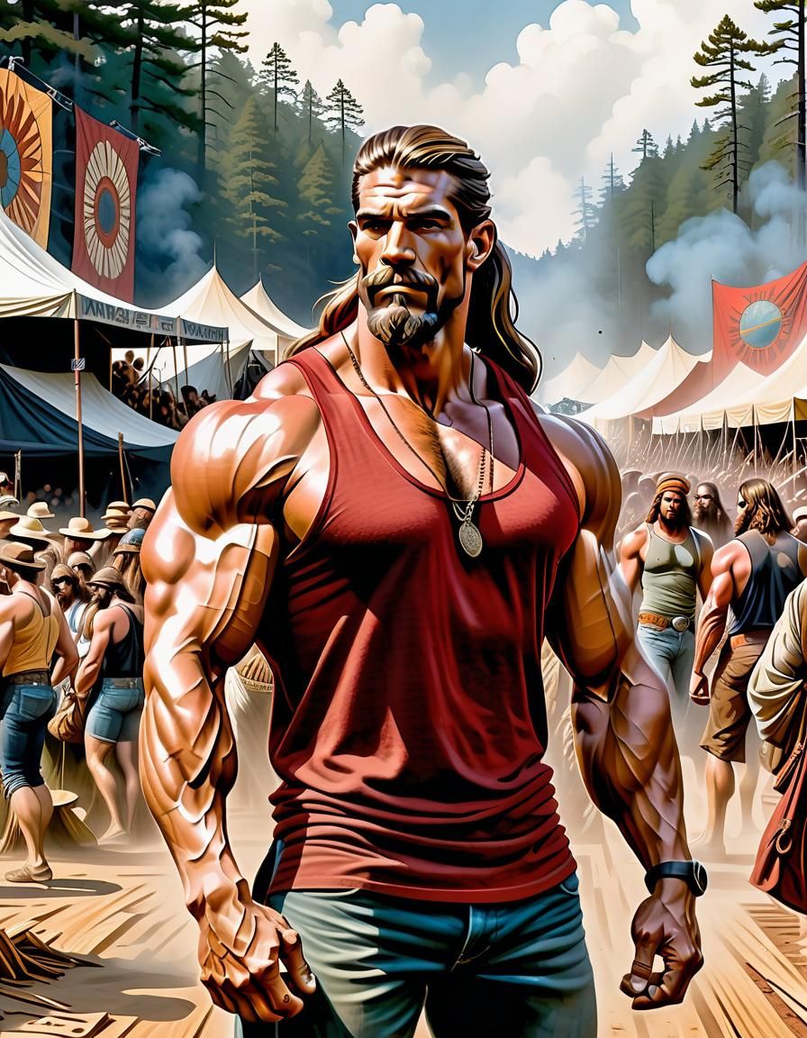 Vintage bohemian transient Ares at the Woodstock music festival in 1969, v2