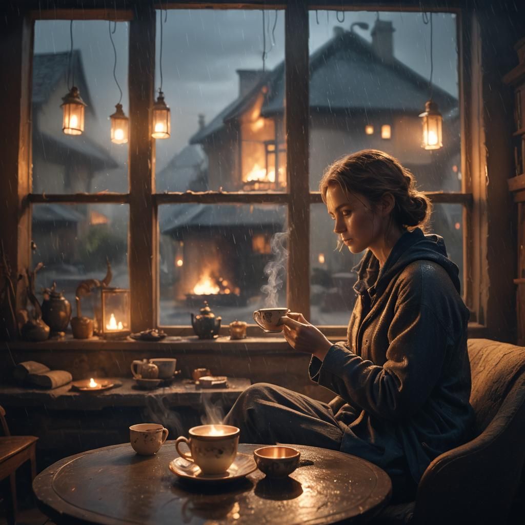 Cozy Fireplace Scene on a Rainy Night